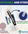 Front view of disposable splinter removal kit in white/blue package with stainless steel extractor; SplinterAid branding.