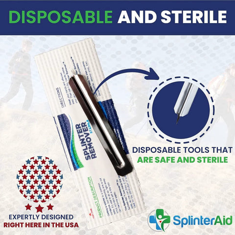 Front view of disposable splinter removal kit in white/blue package with stainless steel extractor; SplinterAid branding.