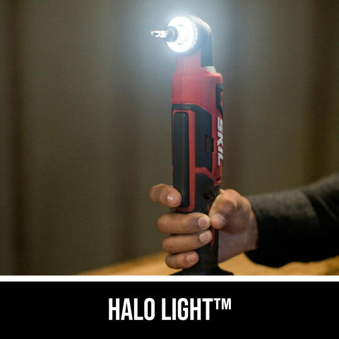 Person holding PWR CORE 12 Brushless 12V Right Angle Impact Driver with illuminated halo light in a dimly lit room.