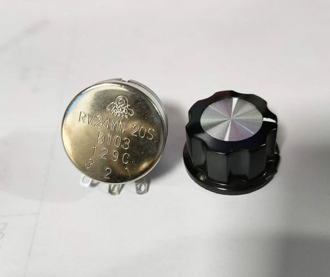 5K Ohm 6mm Shaft Rotary Taper Potentiometer With Knob, Carbon Film, Single Turn, 3 Terminals, Round Shaft, Compact 25x14mm Body