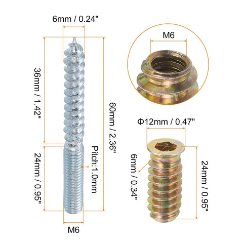 Solid M6 X60mm Hanger Bolts And Heavy Duty Self Tapping Wood Dowel Screws Coupled With Eight M6 Hex Inserts for detailed dimensions.