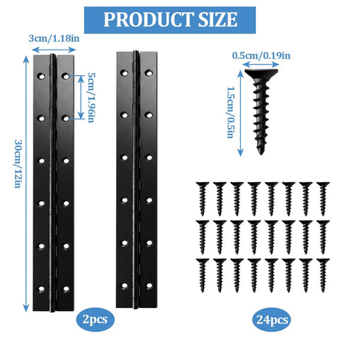 2 Piece Black Stainless Steel Piano Hinges With 24 Screws For Heavy Duty Cabinets And Rv Storage Boxes Built Tough As Nails For Diy Projects No Sweat Setup Rock Solid Continuous Hinge Kit, displaying size measurements.