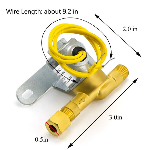 Brass humidifier solenoid valve with yellow 24V coil and threaded brass fittings (front view)