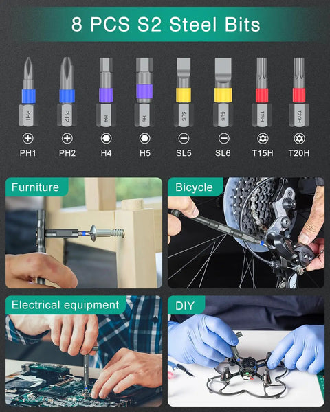 8 S2 steel bits and use cases for Magnetic Ratchet Screwdriver Set, Ultra Credit Card Sized And Portable With Flexible T Handle.