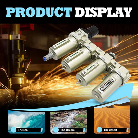 Industrial Four Stage Gas Drying System With Coalescing Filter And Desiccant Dryer Auto Drain For Paint Spray And Plasma Cutter Pro Grade Half Inch NPT Compressed Air Dryer Unit product display with sparks in background.