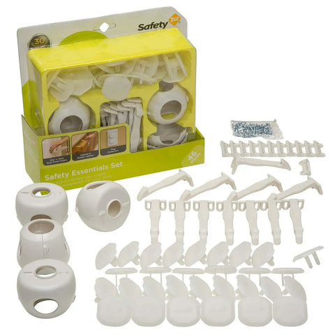 Home Safety Essentials Kit For Kids With 46 Pieces Including Door Knob Covers And Cabinet Latches White Finish Babyproofing Set Easy Install For Parents Grip N Twist Covers And Cabinet Drawers Latch Set displayed on a table