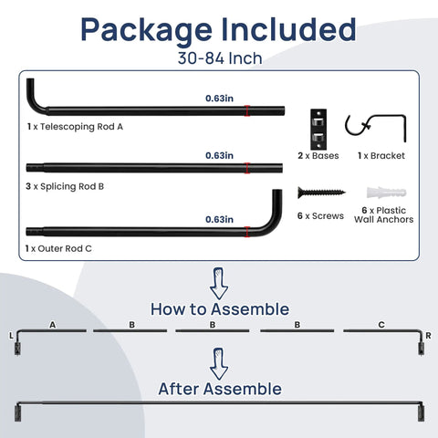 Package contents for Matte Blackout Curtain Rod With Wrap Around Design, Adjustable From 30 To 86 Inches, assembly guide included