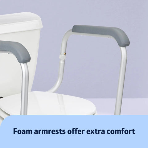 Super Sturdy Aluminum Toilet Handle Safety Rail With Folding Grab Bar Design, featuring foam armrests for added comfort.