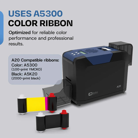 Single Sided ID Card Printer With Complete Supplies Kit And Gold Edition Software For Daily Office And Campus Use Delivers Crisp Full Color Credential Prints Ready To Roll Without Any Sweat with A5300 color ribbons.