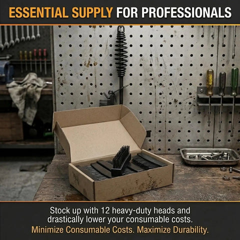12-Pack Replacement Wire Brush Heads For Welding Chipping Hammers displayed in a workshop setting