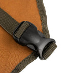 Close-up of quick release belt on Heavy Duty Canvas Tool Bag For Men With 16 Pockets, Padded Adjustable Shoulder Straps, Brown