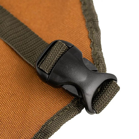 Close-up of quick release belt on Heavy Duty Canvas Tool Bag For Men With 16 Pockets, Padded Adjustable Shoulder Straps, Brown