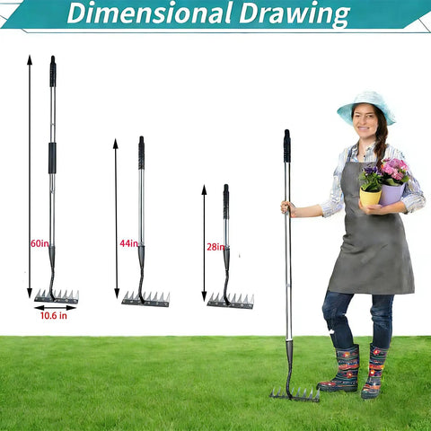 Adjustable Long Handle Weed Puller With 8 Tines Heavy Duty Design, shown at 28 to 60 inches, held by a gardener on grass.