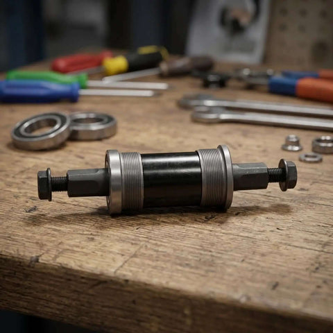Solid Alloy Bike Bottom Bracket 73x124mm For E-Bikes With Iso Square Taper Fits Your Ride And Handles Harsh Snow Or Beach Sand Like A Boss Without Any Wobbly Issues. on workbench