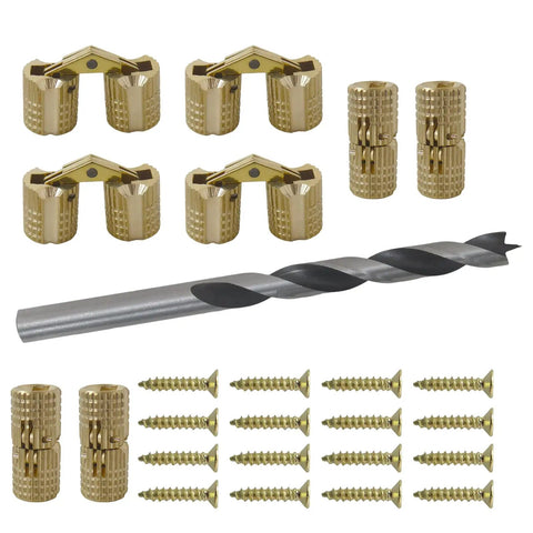 Hidden Brass Barrel Hinges Set, 8 Pieces 8mm, Polished Solid Brass, Includes 16 Screws And 1 8mm Drill Bit, hardware kit