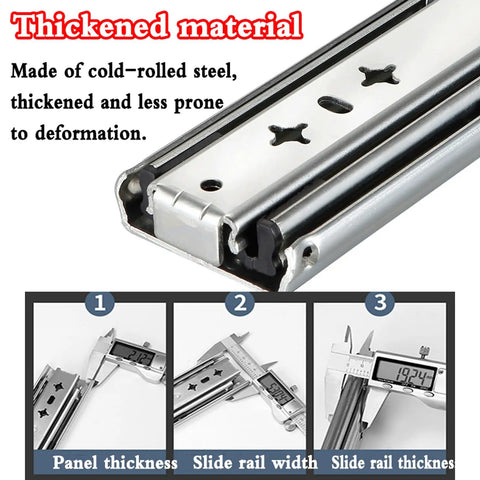 Top Shelf Heavy Duty Drawer Slides For Dining Tables And Cabinets Full Extension Runner Rails close-up of cold-rolled steel, measuring thickness.