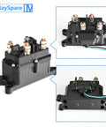 Heavy Duty 12V 250A Beefy Winch Solenoid Relay Contactor With Rocker Thumb Switch Mounting Brackets Terminal Caps And Handle Bar Control For ATV UTV 1500 Lb To 5000 Lb Capacity black relay front view