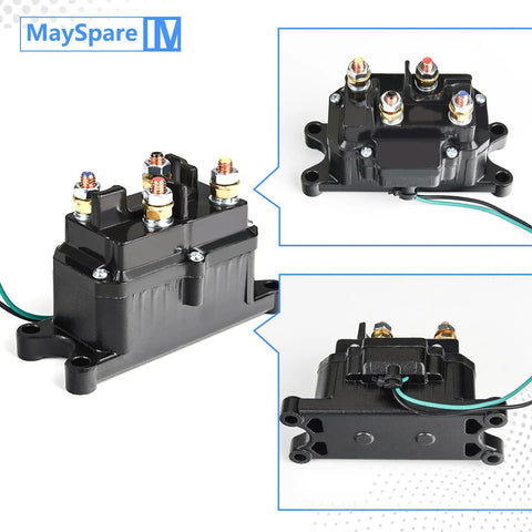 Heavy Duty 12V 250A Beefy Winch Solenoid Relay Contactor With Rocker Thumb Switch Mounting Brackets Terminal Caps And Handle Bar Control For ATV UTV 1500 Lb To 5000 Lb Capacity black relay front view