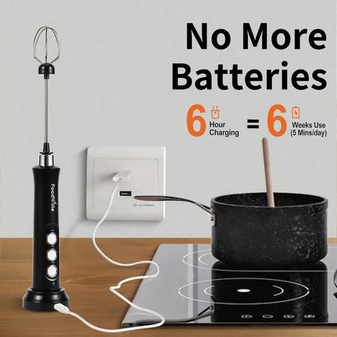 3-In-1 No-Fuss Rechargeable Milk Frother Handheld Foam Maker with USB stand next to a pot on a stovetop