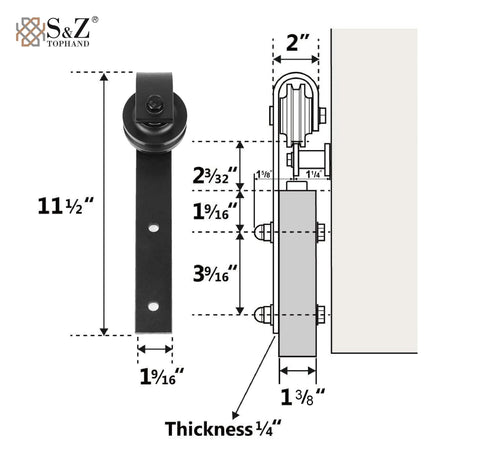 Diagram of Adjustable 8 To 17 Feet Double Gate Sliding Barn Door Hardware Kit with Track 12 Inch Handles dimensions and components.