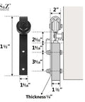 Diagram of dimensions for Double Gate Sliding Barn Door Hardware Kit 16 Ft Track System with 4 rollers and door thickness guide.