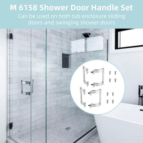 Heavy Duty Chrome Plated Shower Door Handle Replacement Set glides smoothly on sliding or swinging glass doors, image showing installation and hardware.