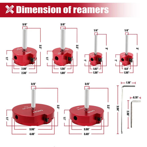 Six Piece PVC Pipe Reamer Kit For Drills, Plastic PVC Socket Saver Set dimensions with sizes from three quarters inch to four inch