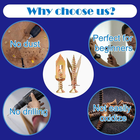 Self-Drilling Drywall Anchors With Screws Kit, 100 Pcs Heavy-Duty Zinc Plated Steel Anchors, features and benefits overview.
