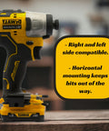 Impact driver with Six Bit Drill Bit Holder For Cordless Drills And Impact Drivers, attaches to factory mount, holds bits.