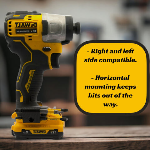 Impact driver with Six Bit Drill Bit Holder For Cordless Drills And Impact Drivers, attaches to factory mount, holds bits.