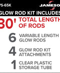 Six Piece Glow Rod Set Of Fiberglass Poles, 30 Foot Total Length, 3/16 Inch Diameter, Ultra Flexible Yet Tough, Built To Handle Tight Turns, 4 Inch Bend Radius, 500 Pound Tensile Strength, Steel Ferrules For Custom Lengths, Easy Assembly; kit contents graphic