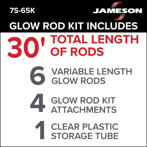 Six Piece Glow Rod Set Of Fiberglass Poles, 30 Foot Total Length, 3/16 Inch Diameter, Ultra Flexible Yet Tough, Built To Handle Tight Turns, 4 Inch Bend Radius, 500 Pound Tensile Strength, Steel Ferrules For Custom Lengths, Easy Assembly; kit contents graphic