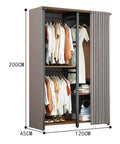Slick Heavy Duty Walk In Closet Organizer Island With Durable Fabric Enclosure Cover And Three Robust Hanging Rails For Massive Wardrobe Upgrades And Zero Hassle Assembly In Black, showing dimensions and clothing storage.