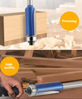 No Fuss Professional Grade 1/4 Inch Shank Top Bearing Flush Trim Router Bit For Efficient Wood Synthetic And Laminated Board Trimming Rock Solid Finish in use on wood.