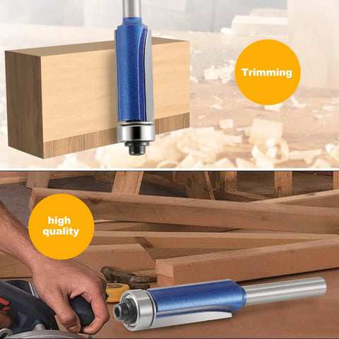 No Fuss Professional Grade 1/4 Inch Shank Top Bearing Flush Trim Router Bit For Efficient Wood Synthetic And Laminated Board Trimming Rock Solid Finish in use on wood.