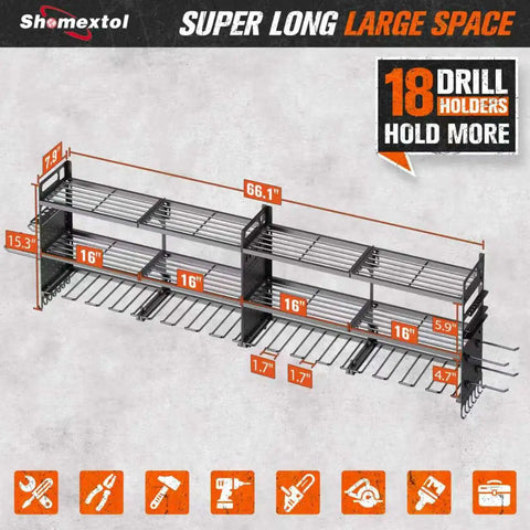 Two Pack Heavy Duty Power Tool Organizer Wall Mount With 18 Drill Holders And 600 Lbs Capacity Three Layer Garage Storage Rack For Cordless Tools Workshop Organization In Black