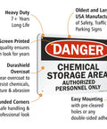 Heavy Duty Aluminum Hazard Warning Plate 7 X 10 Inches Built Like A Tank For Chemical Storage Areas And Authorized Personnel Only Rust Free Fade Resistant Print with mounting details.