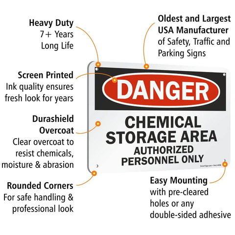 Heavy Duty Aluminum Hazard Warning Plate 7 X 10 Inches Built Like A Tank For Chemical Storage Areas And Authorized Personnel Only Rust Free Fade Resistant Print with mounting details.