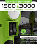Close-up of switches on green 20 Foot LED Work Light with COB 1200 Lumen Output 10W Corded Shop Light Magnetic Base Swivel Hook in garage