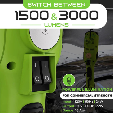 Powerful 2000 Lumen COB LED Work Light With 15 Ft Cord Magnetic Base Swivel Hook Built In Outlet Heavy Duty 16 Gauge SJTW