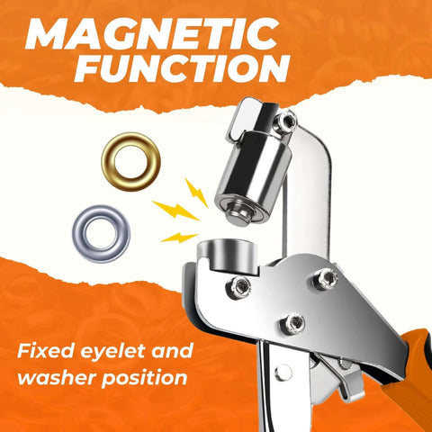 Heavy Duty Grommet Tool Kit With Three Eighths Inch Eyelet Pliers And Ten Millimeter Punch showing magnetic function.