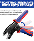 Pro Grade Crimping Tool Set With Ratchet Wire Crimper And 6 Interchangeable Dies featuring ratcheting mechanism.