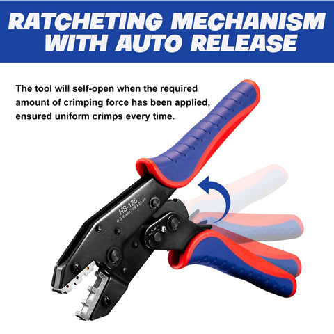Pro Grade Crimping Tool Set With Ratchet Wire Crimper And 6 Interchangeable Dies featuring ratcheting mechanism.