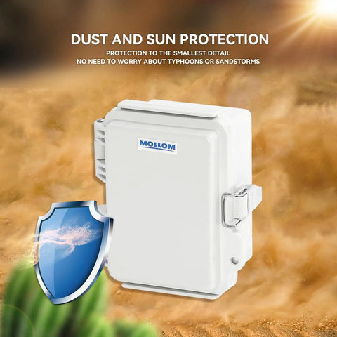 Rugged Outdoor Junction Box IP67 Waterproof With Hinged Gray Cover And Stainless Steel Latch, Built Tough With Mounting Plate, Wall Brackets, DIN Rail Ready Interior For Terminal Blocks, Relays, And Power Supplies, 120x90x70mm white IP67 enclosure against dust and sun