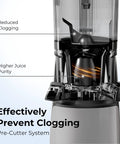 EanOruus 3-in-1 Cold Press Juicer With Huge 6.5 Inch Wide Chute And 100 Oz Tank, showing pre-cutter system for reduced clogging.