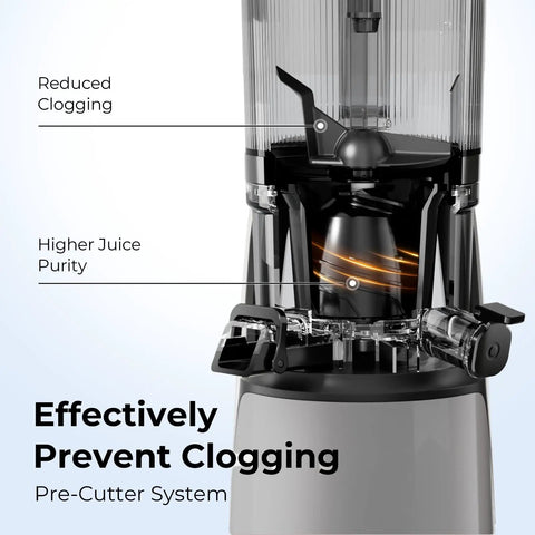 EanOruus 3-in-1 Cold Press Juicer With Huge 6.5 Inch Wide Chute And 100 Oz Tank, showing pre-cutter system for reduced clogging.