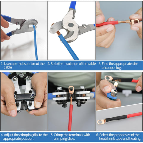 Instructions for using Beefed Up Battery Cable Lug Crimping Tool Kit With 170 Copper Wire Lugs And 210 Dual Wall Adhesive Heat Shrink Tubing