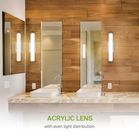 Bathroom with wooden wall and 18 Inch LED Linear Vanity Light Fixture For Bathroom Mirror With 3 Color Temperatures, above sinks.