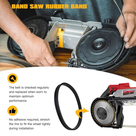 Close-up of installing Top Shelf 4 Pack 6 Inch Bandsaw Wheel Tires, solid rubber cushion for electric band saws.