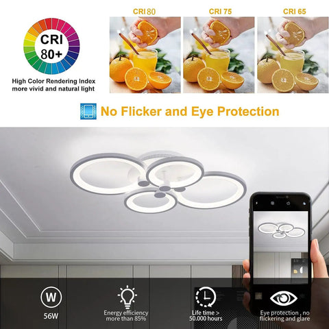 Modern Metal And Acrylic LED Flush Mount Ceiling Light With 56W Power, 3000K To 6500K CCT, Room Filling Lighting For Living Room Kitchen Bedroom Dining, 24 Inch Diameter, Easy Mount Fixture, Not Compatible With Dimmer Switch